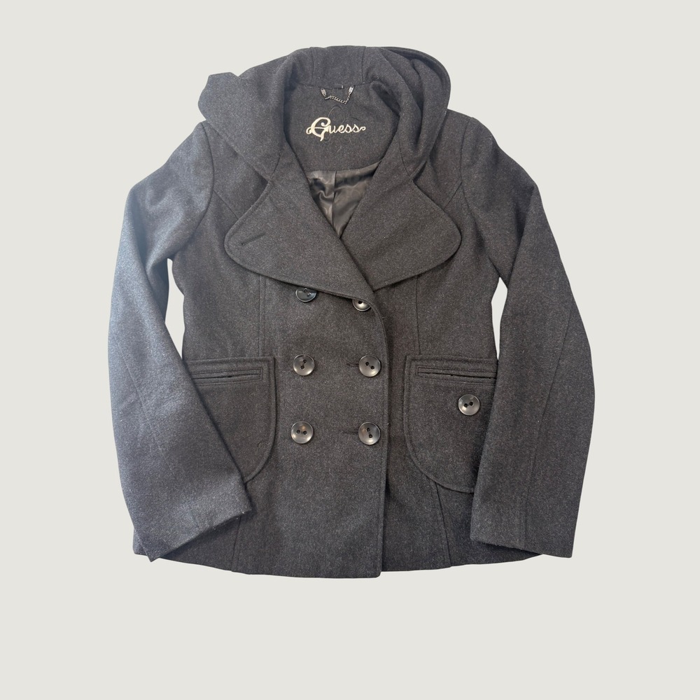 Guess Hooded Peacoat Womens Medium Gray Dark Academia Wool Blend